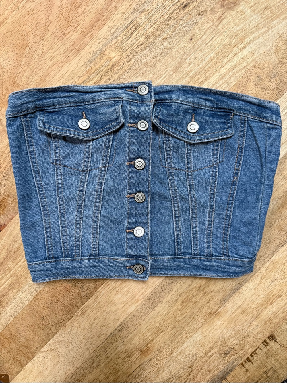 Strapless Denim Button-Front Crop Top - Blue